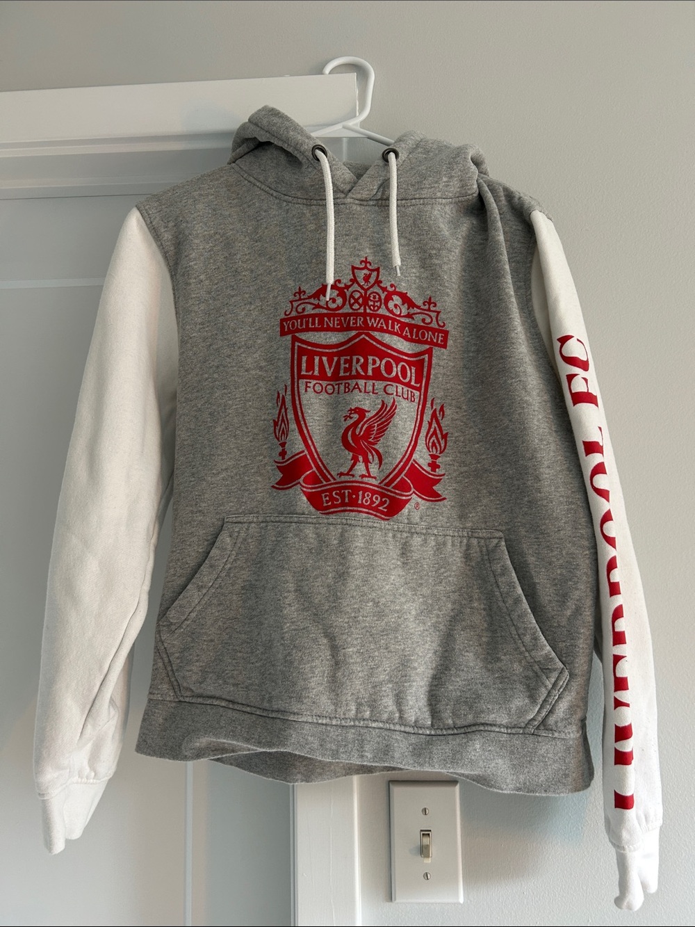 Liverpool Gray Hoodie with White Sleeves and Red Crest